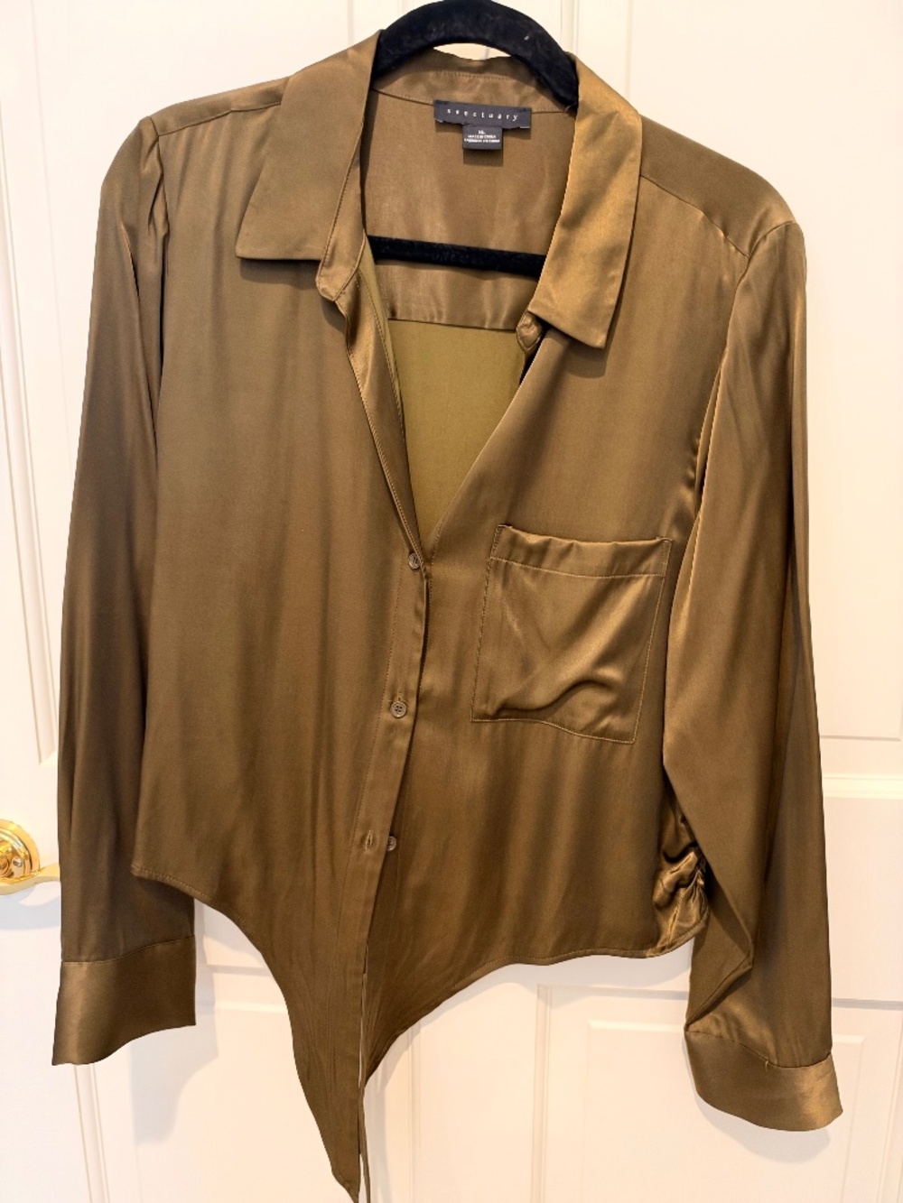 Sanctuary Olive Satin-Look Tie-Front Blouse | XL